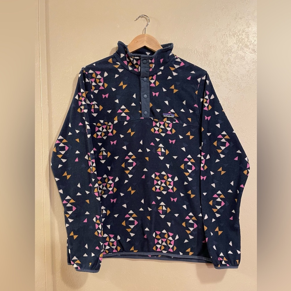 Patagonia Navy Fleece Pullover with Pink, White & Mustard Geometric Print